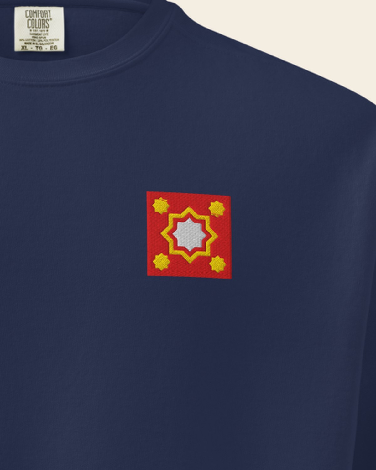 Stars Crewneck in Nila: the Nujum embroidery up close